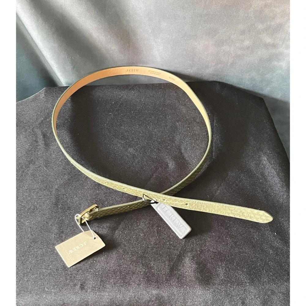 J. Crew‎ Olive Green Snakeskin Print Leather Belt Women's XS Gold Buckle NEW - Picture 2 of 5